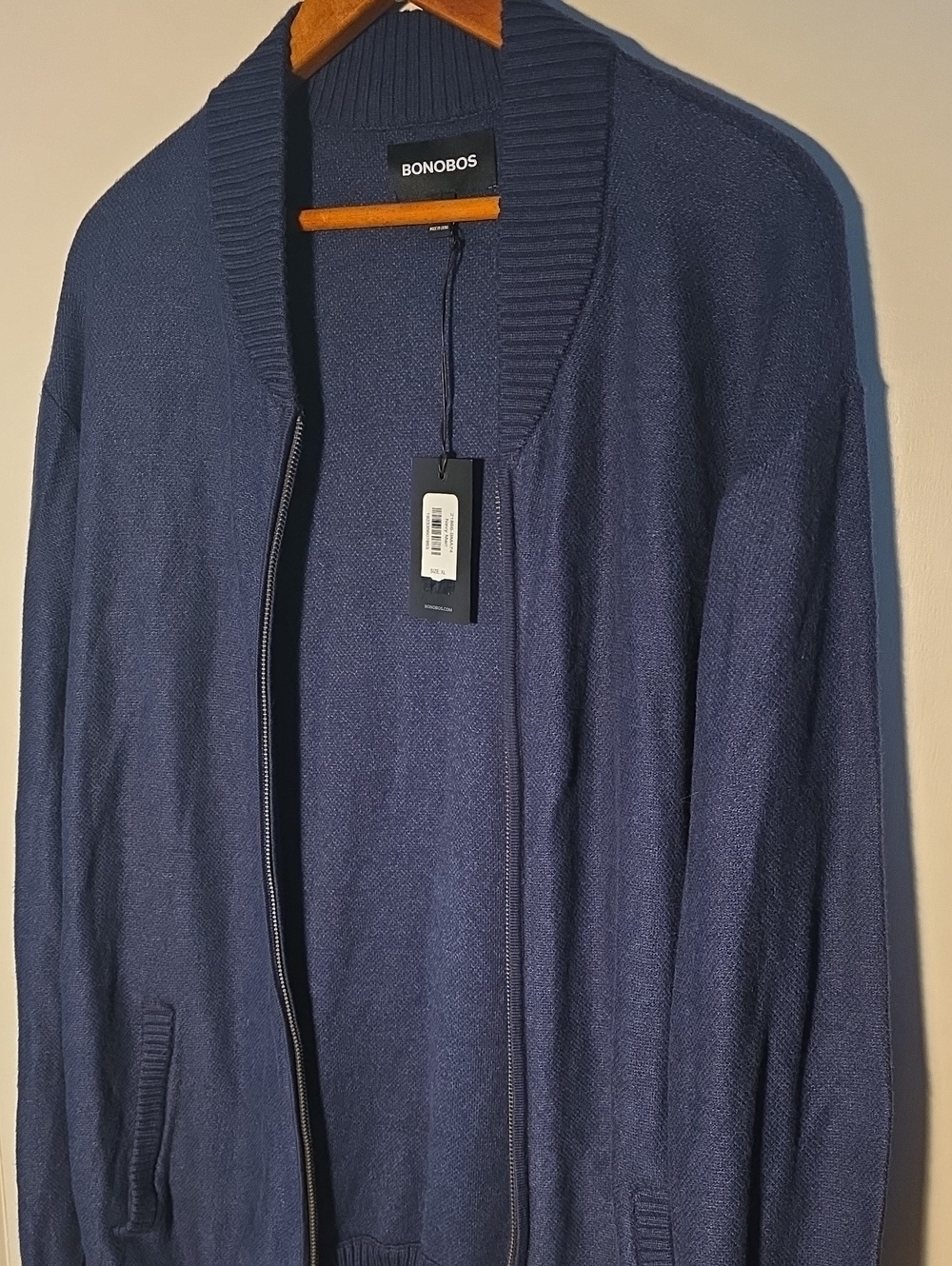 NWT Bonobos Navy Zip-Up Shawl Collar XL Sweater 95% Cotton 5% Cashmere